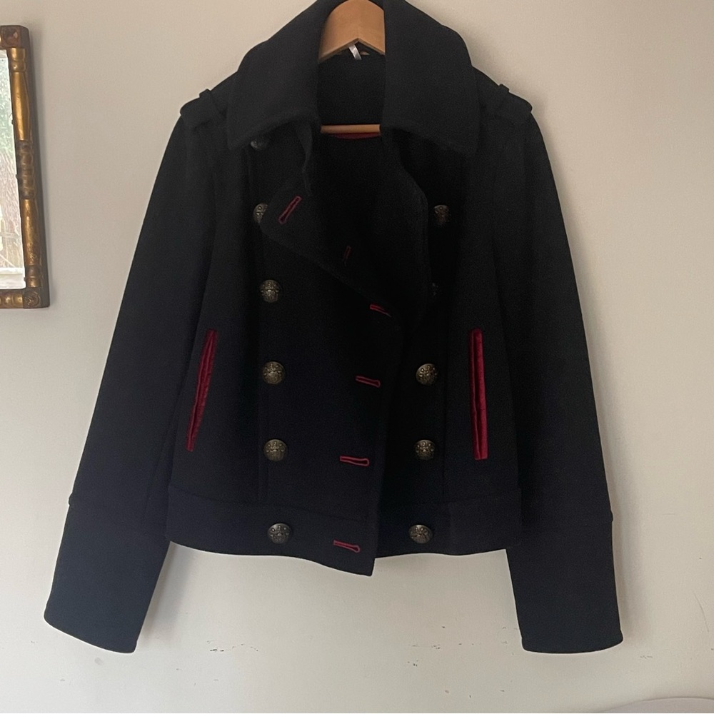 Free People Black Wool military PEACOAT size M Red textile accents, fully lined - Picture 3 of 16